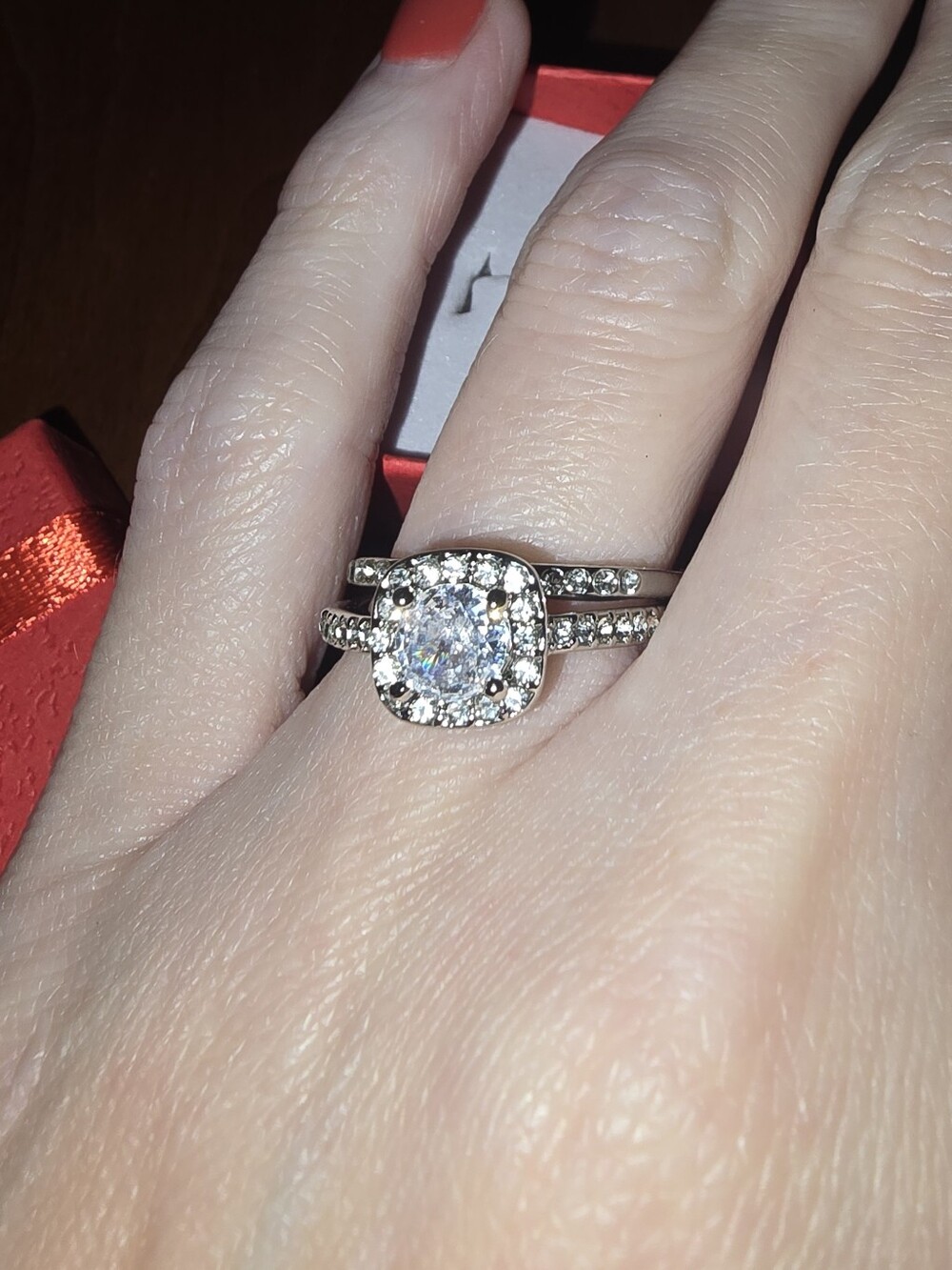 Silver-Tone Halo Engagement Ring Set with Clear Stone - Brand New in Gift Box